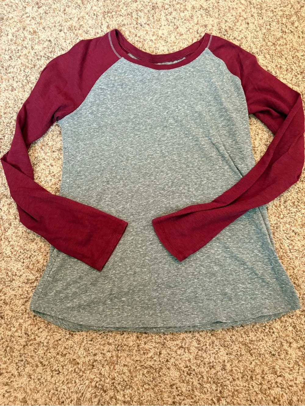 Mix & Match 3/$12Justice Two-Tone Gray Body with Burgundy Raglan Long Sleeve Tee